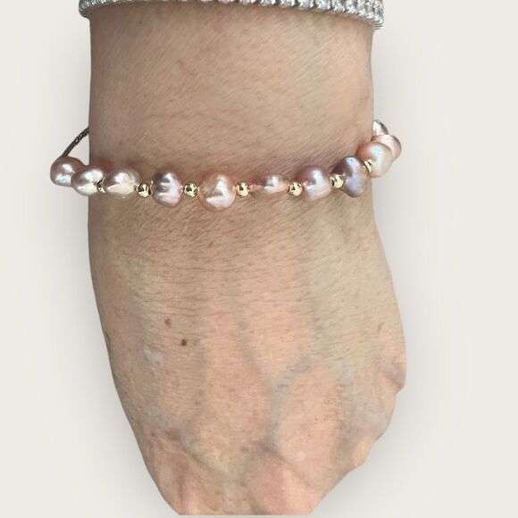 Pink faux pearls adjustable bracelet gold plated beads - Picture 3 of 5